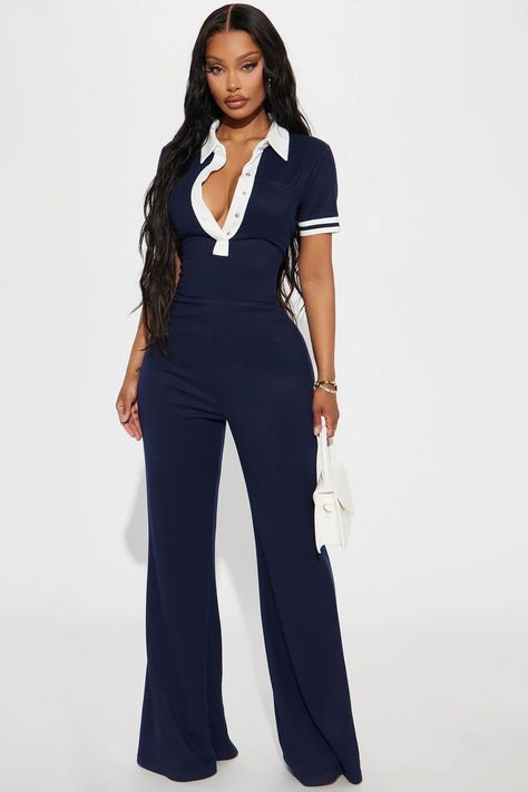 Woman Back, Sweater Jumpsuit, Navy Fashion, Short Sleeve Button Up, Jeans Jumpsuit, Jumpsuit Fashion, Contrast Trim, Matching Dresses, Matching Sets