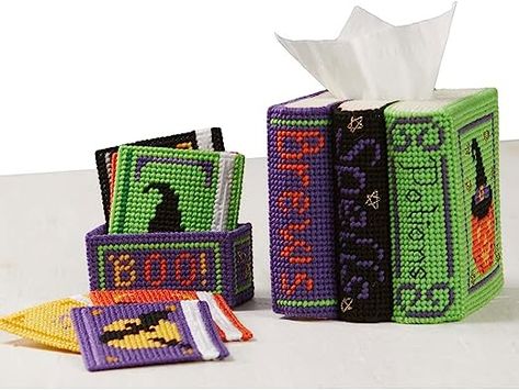 Amazon.com: Herrschners Spellbound Set Plastic Canvas Plastic Canvas Kit Potions Book, Plastic Canvas Books, Halloween Kit, Crochet Pillow Cover, Magical Book, Plastic Canvas Tissue Boxes, Tissue Box Cover, Plastic Canvas Crafts, Canvas Projects