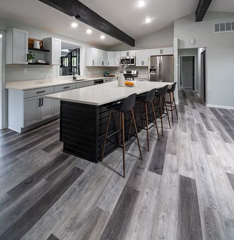 Laminate Kitchen Flooring, Modern Black And White Kitchen, Grey Wood Floors Kitchen, Gray Oak Floor, Gray Flooring, White Vinyl Flooring, Wood Countertops Kitchen, Grey Stained Wood, Living Room Wood Floor