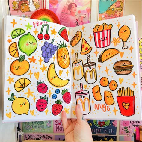 Been a while since I shared a sketchbook spread so thought I’d share something tasty and colourful today. Might try and make it a Sunday thing. (I’ll probably forget) 😂🍟🍓 🏷️ #illustration #illustrationartist #illustrator #doodles #kawaiiart #illustragram #sketchbook #kellylou #doodles #doodle #sketchbookpage Acrylic Paint Doodles, Colouring Drawings Ideas, Coloured Pencil Doodles, Sketch Colour Drawing, Colorful Sketchbook Ideas, Cute Colorful Doodles, Forget Illustration, Doodle Colourful, Coloured Doodles