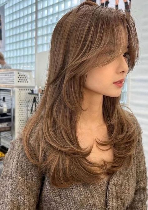 Hairstyle Haircuts With Light Bangs, Butterfly Haircut Front And Back, Butterfly Haircut From The Back, Soft Butterfly Haircut, Korean Butterfly Haircut, Airy Haircut, Long Haircut Ideas Straight, Korean Layered Haircut, Butterfly Haircut With Curtain Bangs