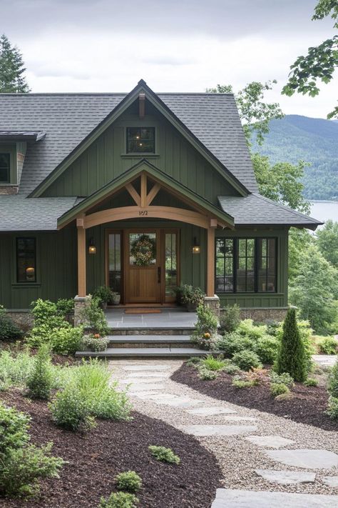 40 Stunning Modern Green Color Mountain Houses Jade Green Exterior House Colors, Green House Ideas Exterior, Green Exterior Barndominium, Dark Olive Exterior House, Sage Green Craftsman Exterior, Two Tone Green House Exterior, Yellowstone House Exterior, Magnolia House Exterior, Hunter Green Home Exterior