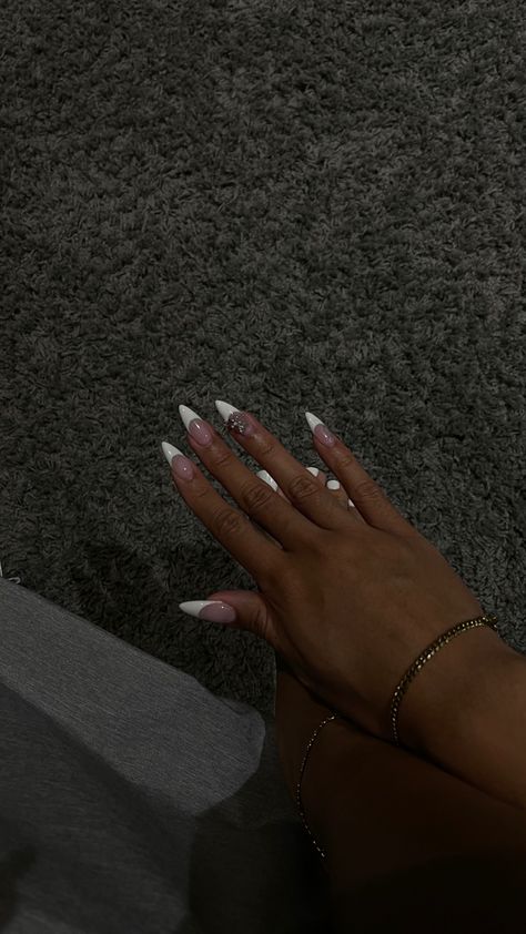 french tip, long almond Deep White French Tip Nails Almond, Almond Long French Tip Nails, Long French Almond Nails, Thick French Tip Nails Almond, Short Medium Almond Nails, Acrylic Nails White French Tip, Yellow And Brown Nails, Almond Black French Tip Nails, White French Tip Almond Nails