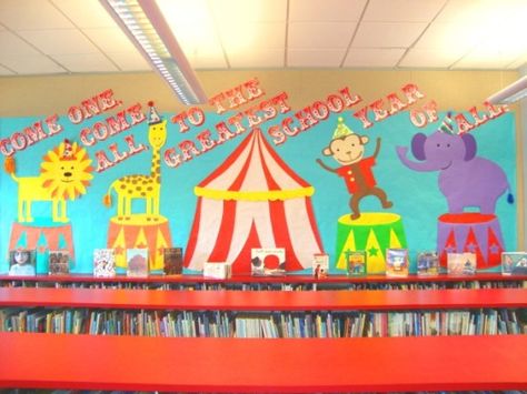 circus theme classroom | ... All to the Greatest School Year of All" circus theme bulletin board Circus Bulletin Boards, Carnival Classroom, Circus Classroom, Circus Activities, Theme Carnaval, Come One Come All, Circus Decorations, Library Themes, Class Theme