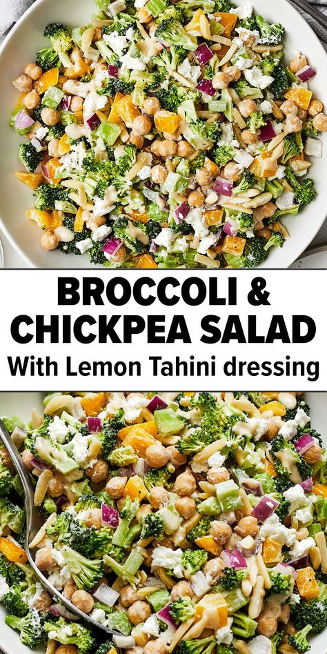 broccoli and chickpea salad Chickpea Meals Healthy, Chickpea And Tahini Recipe, Chopped Salad Vegetarian, Healthy Chickpea Pasta Salad, Salad And Dressing Recipes, Broccoli Salad With Tahini Dressing, Chickpea Salad With Tahini Dressing, Healthy Salads Without Lettuce, Chopped Salad No Lettuce