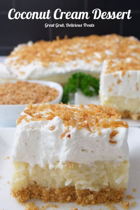 This delightful and refreshing coconut cream dessert is made with three layers of deliciousness: a buttery graham cracker crust, a sweet and creamy coconut cream layer, and a homemade whipped cream layer that is super light and fluffy, and toasted coconut for the final touch. A flavor combination that is simply irresistible. Coconut cream is...Read More Coconut Cream Dessert, Recipes With Coconut Cream, Cream Pie Filling, Coconut Cream Pie Recipes, Honey Barbecue, Homemade Graham Crackers, Coconut Desserts, Coconut Custard, Blueberry Cream Cheese