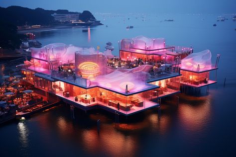 A large waterfront floating restaurant is a wide-format AI artwork made by using Midjourney. Water Restaurant Design, Singapore Things To Do, Singapore Attractions, Floating Architecture, Floating Restaurant, Floating Hotel, Hotel Beach, Singapore Hotels, Design Restaurant