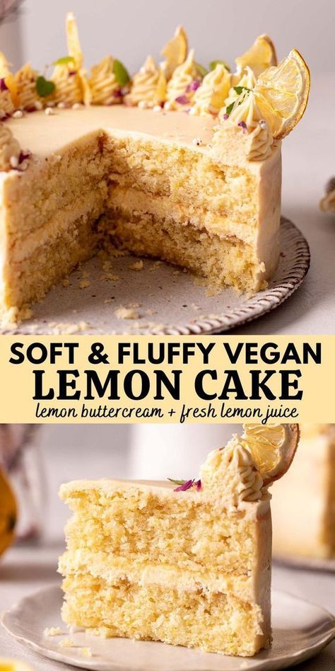 Fluffy vegan lemon cake made with fresh lemon juice and zest! This cake is easy to make, uses only common pantry ingredients and comes together in one bowl (plus the frosting). Vegan Pies, Vegan Lemon Curd, Lemon Birthday, Vegan Lemon Cake, Vegan Birthday, Cold Deserts, Vegan Frosting, Vegan Birthday Cake, Vegan Baking Recipes