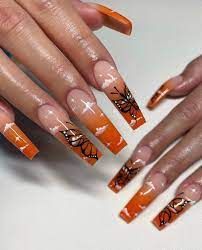 Orange Ombre Nails, Orange Nail Art, Orange Acrylic Nails, Nails Orange, Orange Nail Designs, Orange Nail, Nails 3d, Spring Acrylic Nails, Flower Acrylic