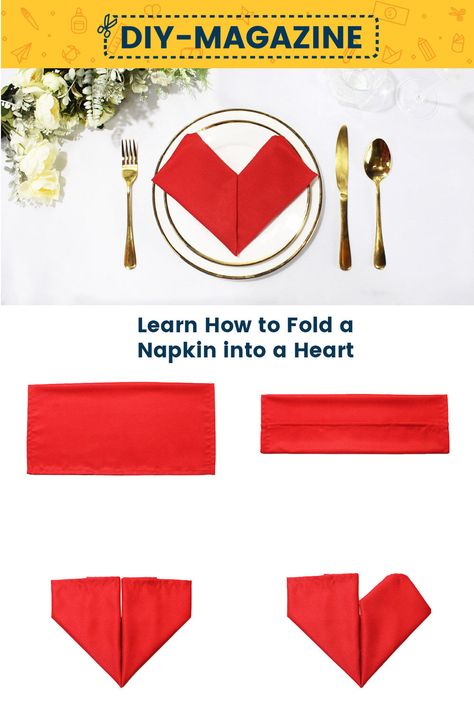 How to fold a napkin into a Heart for Valentines Paper Napkin Origami, Ways To Fold Paper Napkins, Napkin Origami, Creative Napkin Fold, Fold A Napkin, Napkin Ideas, Easy Napkin Folding, Napkin Folds, Meal For Two