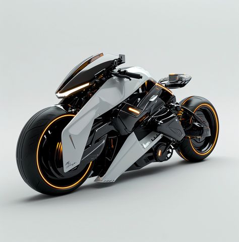 a futuristic looking electric motorcyle is shown on a white background, in the style of realistic and hyper-detailed renderings, dark white and light amber, photobashing, edgy, yankeecore, photo taken with nikon d750, swiss style --v 6 Futuristic Motorcycle Design, Motorcycle Design Ideas, Futuristic Motorbike, Electric Motorcycle Design, Futuristic Bike, Futuristic Transportation, Custom Sport Bikes, Swiss Style, Grey Car