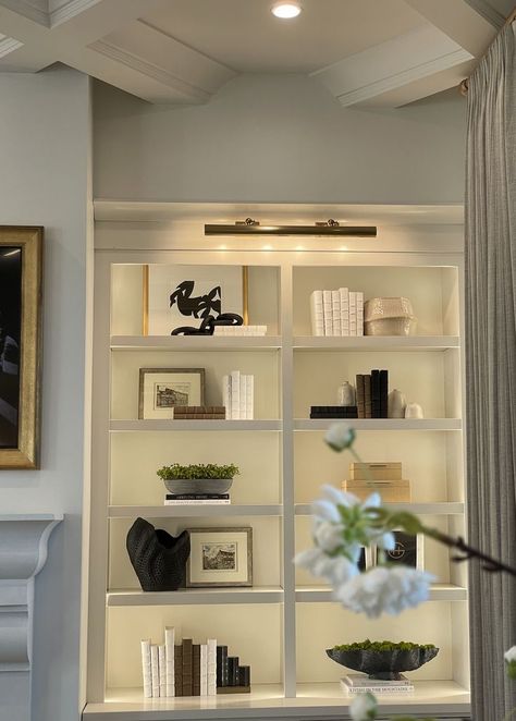 Lamp On Built In Shelves, Bookshelves With Lighting, Lighting In Built In Shelves, Built In Shelf Lighting, Lights In Bookcase, Picture Lights Over Bookcases, Lights On Bookshelves, Bookshelf Sconces, Built Ins Lighting