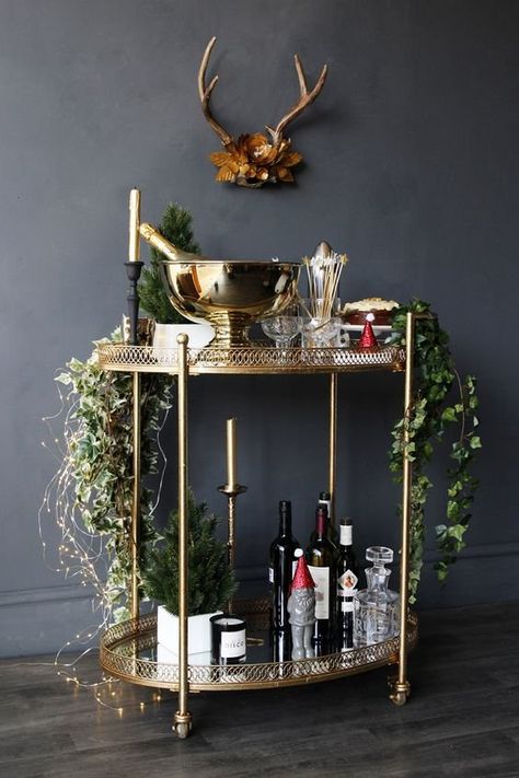 Drink Trolley Styling, Bar Trolly Ideas, Living Room Drinks Trolley, Art Deco Drinks Trolley, Drink Trolley Ideas, Home Bar Christmas Decor, Drinks Trolley Upcycle, Drinks Trolley Styling, Liquor Trolley