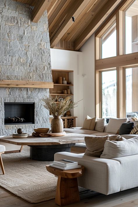 15 Earthy & Elegant Organic Modern Living Room Ideas Natural Luxe Interior, Organic Modern Interior Design Living Room, Earthy Style Living Room, Organic Modern Cabin, Mountain Cabin Modern, Organic Transitional Living Room, Earthy Fireplace, Organic Farmhouse Style, Lakehouse Kitchen