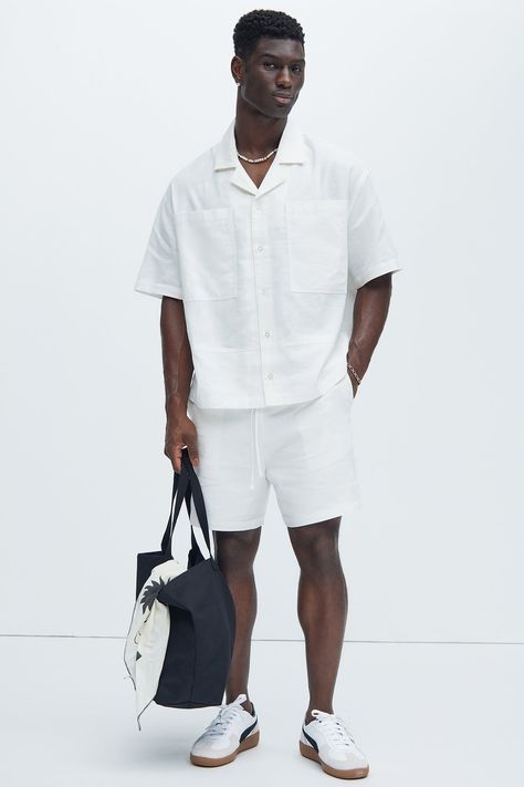 Available In White. Fold Down Collar Front Button Closure Chest Pockets Short Sleeve Pair With "Bahamas Linen Cargo Short" Pair With "Bahamas Linen Shorts" Pair With "Bahamas Linen Pants" Shell: 55% Linen 45% Cotton Imported | Mens Bahamas Linen Cuban Shirt in White size 2XL by Fashion Nova Cuban Shirts For Men, Aj Aesthetic, Shirts Detail, Men Dressing, Oversized Shirt Outfit, Cuban Shirt, Stylish Men Wear, Staple Wardrobe, Cuban Shirts