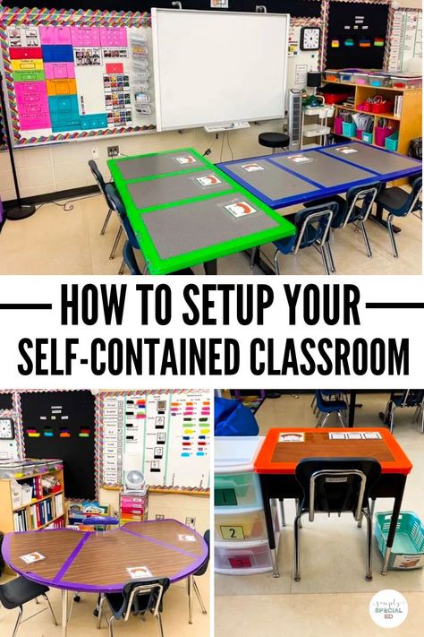 Are you struggling with how to set up your self-contained classroom? First, start by planning the different areas of your self-contained classroom. Your self-contained classroom layout needs to have places for whole group instruction, small group instruction, teacher area, and task box centers. Don’t forget to plan out your self-contained daily schedule, visual schedules, and paraprofessional schedules too. Some self-contained classroom ideas to consider are play areas and calm down areas. Severe And Profound Classroom Set Up, Structured Teaching Classroom Setup, Self Contained Classroom Layout, Ed Classroom Set Up, Functional Classroom Set Up, Small Group Classroom Setup, Elementary Self Contained Classroom Setup, Small Group Table Set Up, Aba Classroom Setup