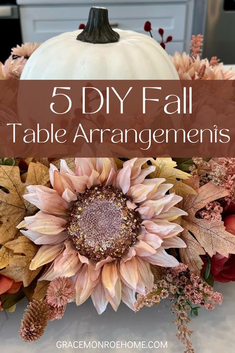 Discover 5 stunning DIY fall table arrangements to elevate your home decor! From a charming fall candelabra to an elegant pumpkin centerpiece, these DIY ideas are perfect for adding a touch of autumn magic to your table. Get inspired with easy, step-by-step instructions and create your own beautiful fall decorations. 🍂✨ #FallDecor #DIYFallArrangements #AutumnTableDecor #PumpkinDecor #FallVibes Making A Fall Centerpiece, Diy Floral Vase Arrangements, Fall Decor Arrangements, Fake Fall Flower Arrangements Diy, Fall Candlestick Centerpiece, Easy Fall Arrangements, Fake Pumpkin Centerpieces, How To Do A Flower Arrangement, Fall Diy Centerpieces Wedding