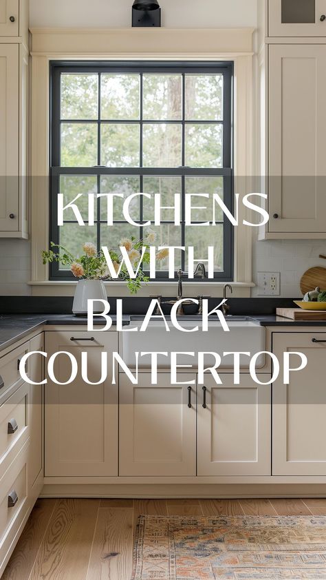 INTERIOR DESIGN STUDIO | By popular demand - kitchen ideas with black countertops! 🖤 Check out our latest reel showcasing some of the hottest and most intriguing… | Instagram Black Kitchen Countertops Beige Cabinets, Black Countertop Painted Cabinets, Taupe Kitchen With Black Countertops, Kitchen Cabinet Color With Black Granite, Kitchen Paint Colors With Black Counters, Galley Kitchen Black Countertops, Cabinet Color With Black Countertops, White Kitchen Cabinets With Black Countertop, Kitchen Interior Black Countertop