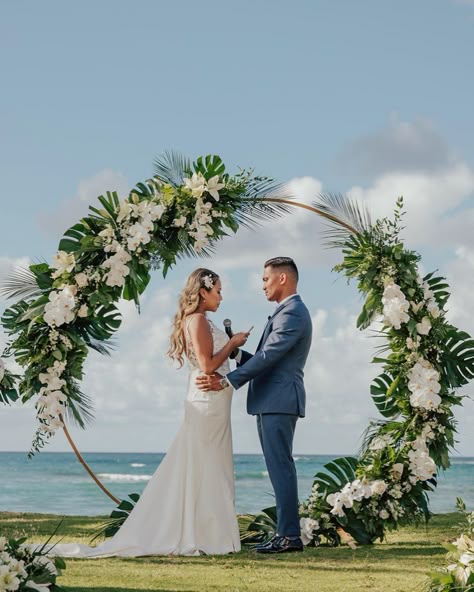 Beach Wedding Arches Flowers, Round Beach Wedding Arch, Beach Wedding Arches Ideas, Flower Arch Beach Wedding, Mexico Beach Wedding Flowers, Tropical Circle Arch, Wedding Beach Arch, Wedding Arch Ideas Beach, Monstera Wedding Arch