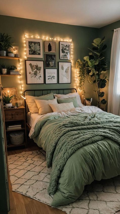 Gray And Green Bedroom Ideas, Bedroom Ideas Aesthetic, Bedroom Vibes, Pinterest Room Decor, Room Redesign, Makeover Bedroom, Green Bedroom, Bedrooms Ideas, Green Rooms