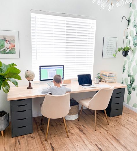 Home Office Decor Wallpaper, Long Double Desk, Home Office Set Up Ideas Layout, Butcher Block Desk Diy, Kids Homework Room, Diy Home Office Desk, Office Desk Ideas, Desk For Two, Homework Room