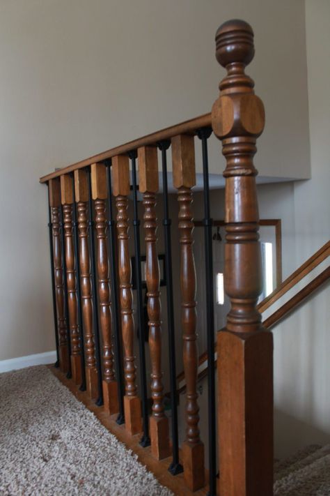 Stair Railing DIY Makeover - welcome to the woods Modern Banisters And Railings, Banisters And Railings Makeover, Stair Railing Diy, L Stairs, Banisters And Railings, Painted Stair Railings, Railing Makeover, Wooden Staircase Railing, Indoor Stair Railing