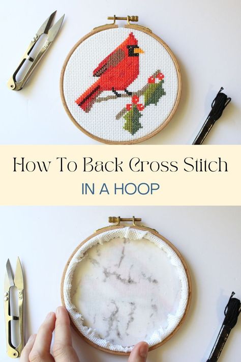 Finishing A Cross Stitch, Cross Stitch Backing, Cross Stitch Hoop Ideas, How To Finish A Cross Stitch Project, How To Finish Cross Stitch Ornaments, Ways To Finish Cross Stitch Projects, How To Finish Cross Stitch Projects, How To Finish Embroidery Hoop Back, How To Display Cross Stitch Projects