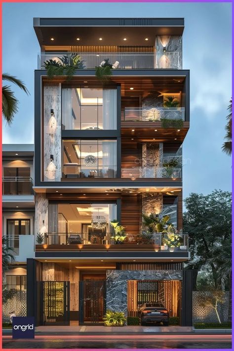 30 Feet Front Elevation Designs for Stunning Indian Homes – Ongrid Design Home Exterior Elevation Ideas, Tile Design For Front Elevation, Front Elevation Of Home, Elevation Design 3 Floors, Home Exterior Elevation, Modern Elevations Architecture, G+2 Elevation Design Indian Modern, Modern Elevation Ideas, Dubai Houses Exterior