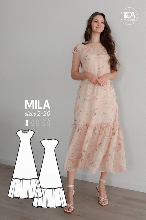 Diy Long Dress, Cottage Core Sewing, Ladys Dresses, Modest Dress Patterns, Mission Outfits, A Line Dress Pattern, Tiered Skirt Pattern, Patchwork Dress Pattern, Maxi Dress Sewing Pattern