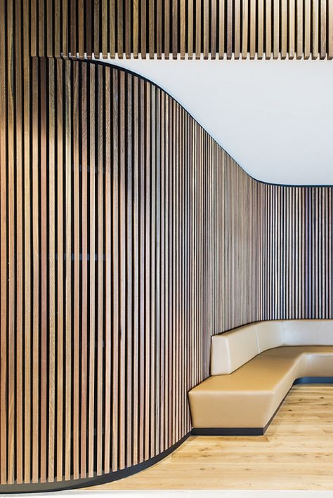 Gallery of Timber Cladding – Click-on Battens - 2 Apartment Entrance, Interior Cladding, Timber Battens, Timber Walls, Casa Country, Curved Walls, Lobby Design, Timber Cladding, Dark Interiors