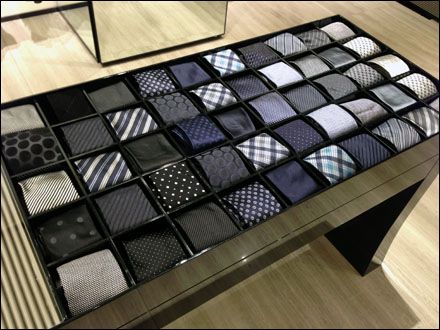 Giorgio Armani Periodic Table of Ties Tie Display, Shoe Store Design, Clothing Rack Display, Tie Storage, Dream House Aesthetic, Suit Stores, Clothing Store Interior, Store Design Boutique, Style Masculin