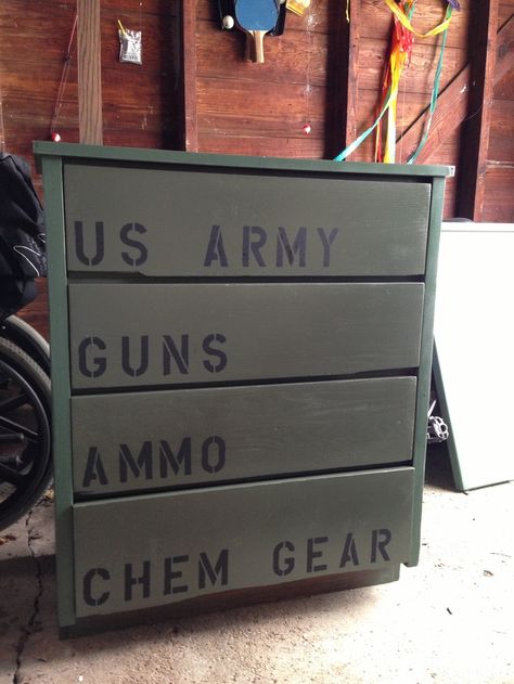 army themed bedrooms for boys | My son's dresser for his Army camo theme room! Boys Army Bedroom, Boys Army Room, Military Bedroom, Camo Room, Camo Bedroom, Camo Rooms, Nerf Storage, Army Bedroom, Hunter Room