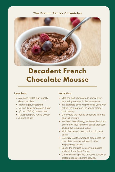 🍫 Decadent French Chocolate Mousse | Dive into a world of velvety, rich, and heavenly chocolate goodness. A quick and indulgent dessert that's a true masterpiece. 🥄✨ #ChocolateMousse #FrenchDesserts #SweetIndulgence French Chocolate Mousse Recipe, French Chocolate Mousse, French Cooking Recipes, French Dessert Recipes, French Chocolate, Chocolate Mousse Recipe, French Desserts, Mousse Recipes, French Cooking