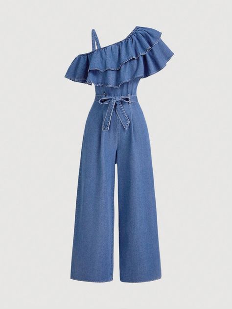 Women's Denim Jumpsuit With Ruffle Hem, Loose Fit Blue Medium Wash Casual  Short Sleeve Denim Plain Shirt Non-Stretch  Women Clothing, size features are:Bust: ,Length: ,Sleeve Length: Womens Denim Jumpsuit, Moda Denim, Jeans Overall, Jumpsuit Blue, Camisa Jeans, Trendy Fits, Estilo Denim, Mode Jeans, Blue Jumpsuits