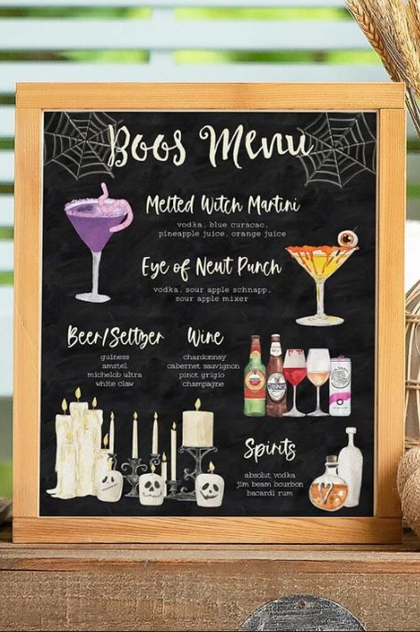 Halloween Bar Menu Ideas, Stock The Bar Halloween Party, Bar Halloween Decorations, Bar Halloween Party Ideas, Halloween Pop Up Bar, Halloweentown Party Ideas, Halloween Decorations Bar, Halloween Drink Menu Design, Halloween Party Bar Set Up