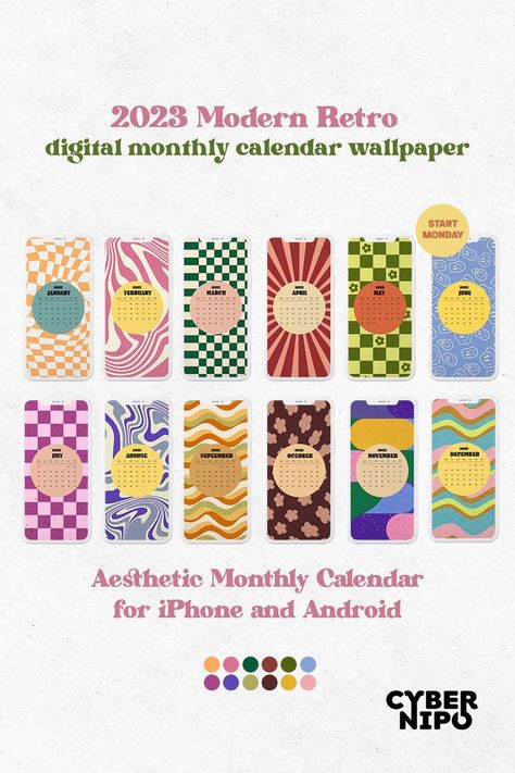 Modern Retro Digital Wallpaper Calendar 2023 for iPhone & Android, Start Monday, Phone Backgrounds Retro Calendar, Phone Calendar, Monthly Wallpapers, Wallpapers Phone, Calendar 2023, 2023 Calendar, Retro Phone, Calendar Wallpaper, Digital Calendar