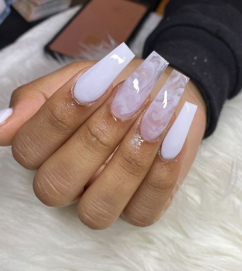 White With Marble Nails, Soft White Long Nails, White Marble Nails With Rhinestones, White Cloudy Nails Acrylic, Marble Full Set Nails, Birthday Marble Nails, White Nails Small Design, Baddie Marble Nails, White Acrylic Nails Medium Length Design