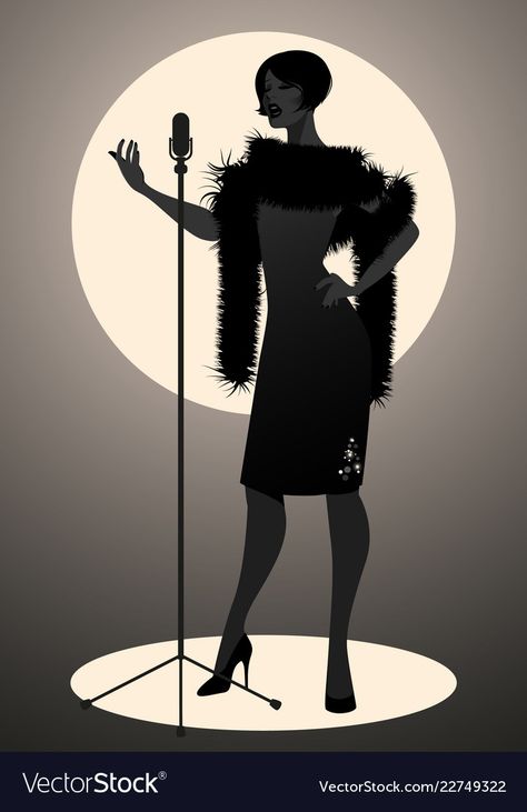 Jazz Women Style, Singing With Microphone Pose, Singing Poster Design, Person Holding Microphone Reference, Vintage Microphone Drawing, Jazz Microphone, Singing Illustration, Singer Illustration, Cabaret Stage