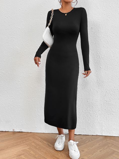 Bodycon Dress Hijab Outfit, Hijab Style Casual, Modest Fits, Uptown Girl, Funny Short, Hijab Style, Hijab Outfit, Plain Black, Modest Dresses