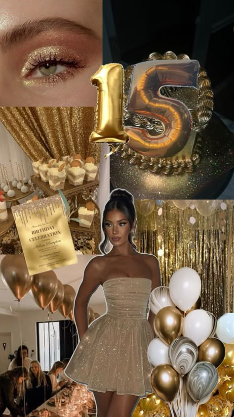 Gold Theme Birthday, Gold Theme Party, 15th Birthday Party Ideas, Golden Birthday Parties, Sweet Sixteen Birthday Party Ideas, Birthday Goals, 21st Party, Sixteenth Birthday, Gold Birthday Party