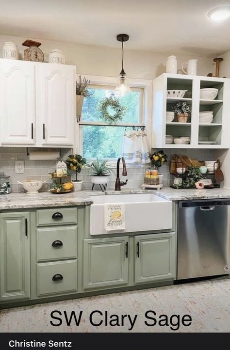 Green Kitchen Cabinets Mobile Home, Kitchen With Less Cabinets, Sage Green Kit Hen Cabinets, Farmhouse Cabinet Colors Kitchen, Small Condo Yard Ideas, Sage Green Cabnits Kitchen, Kitchen Colors Schemes For Small Kitchen, Green Kitchen Ideas Farmhouse, Kitchen Colors Schemes Farmhouse