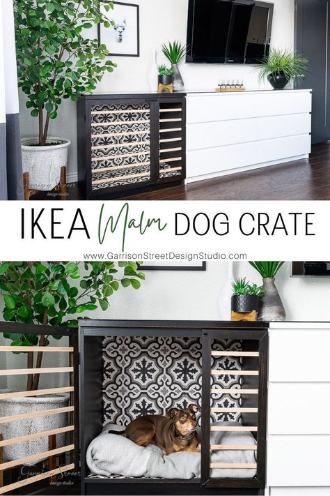 A dog crate can be a big help in the dog's life. A dog crate is generally a collapsible plastic (or sometimes metal) enclosure that's just big enough for your dog to turn around and lie down. Pet Crate Table, Dresser With Dog Kennel, Dog Kennel Bedroom Furniture, Hide A Dog Crate Ideas, Bedroom Crate Ideas, Dog Cage Side Table, Ikea Hack Dog Bed, Dog Cage Furniture Ideas, Ikea Dog House Hack