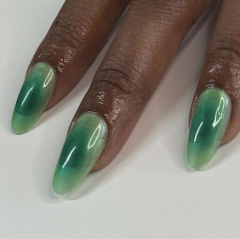 Green Ombre Nails Acrylic, Tyra Aesthetic, Green Apple Nails, Green Jelly Nails, Fairy Inspired Nails, Fairy Core Nails, Forest Green Nails, Green Nails Designs, Coachella Nails