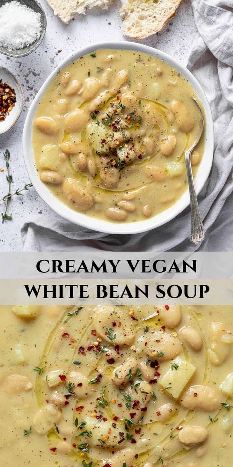 Creamy white bean soup - this easy, comforting vegan cannellini and butter bean soup is incredibly rich and creamy, but doesn't use any cream! Blended white beans provide all the creaminess you need and the delicious soup is flavoured with aromatic garlic, herbs and olive oil. White Bean And Garlic Soup, White Bean Instant Pot Recipes, Garlic Bean Soup, Blended White Bean Soup, Creamy Vegan White Bean Soup, Vegan Butter Bean Soup, Veggie Soup Blended, White Diet Recipes, White Beans Vegan Recipes