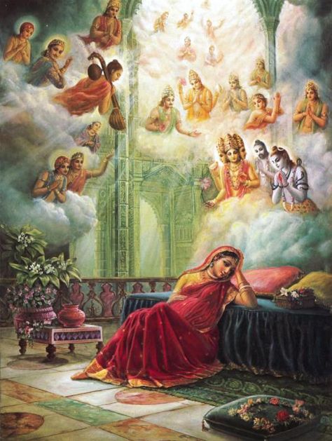 Prayers by the Demigods-when the Supreme Personality of Godhead entered the womb of Devakī to kill Kaṁsa, all the demigods understood that the Lord was living within Devakī’s womb, and therefore in veneration they offered Him the Garbha-stuti prayers. Krishna Birth, Yashoda Krishna, Krishna Lila, Krishna Leela, Krishna Hindu, Radha Krishna Wallpaper, Hinduism Art, Vedic Art, Lord Krishna Wallpapers