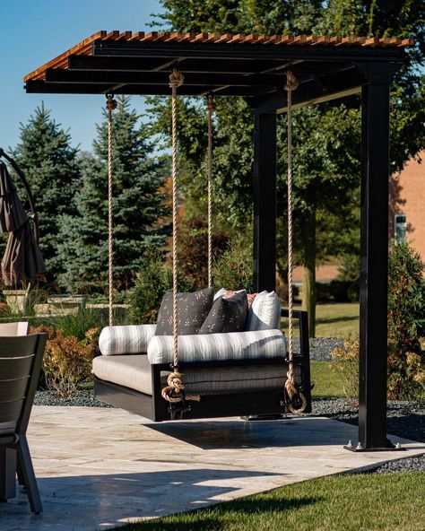 swinging into the new week with new ideas and fresh eyes. 🌞 Swings By Pool, Outdoor Fireplace Pergola Backyard Ideas, Pergola Ideas With Swings, Backyard Swings For Adults, Outdoor Swings For Adults Backyards, Backyard Summer Ideas, Backyard Swing Ideas, Outdoor Swing Ideas, Outdoor Swings For Adults