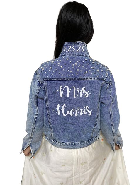 PRICES MAY VARY. Personalized bride jean jacket for wedding: Custom titles, names and ANY TEXT on the collar or back Fabric cotton polyester blend; The text of this customized wifey jacket for wedding are made with Heat Transfer Printing Customized women Denim Jacket is perfect for your upcoming wedding ,honeymoon, Bachelorette party, Bridal Showers, Bridal Trip, Birthday Parties, Valentines Day, and ANY EVENTS! ABOUT SIZE:This pearl denim jacket is designed short but not a crop top type, it may Denim Bride Jackets, Denim Cowgirl Bachelorette, Denim Jacket With Pearls, Bridal Jean Jacket, Mrs Denim Jacket, Bride Jean Jacket, Sparkly Jacket, Customized Denim, Customised Denim Jacket