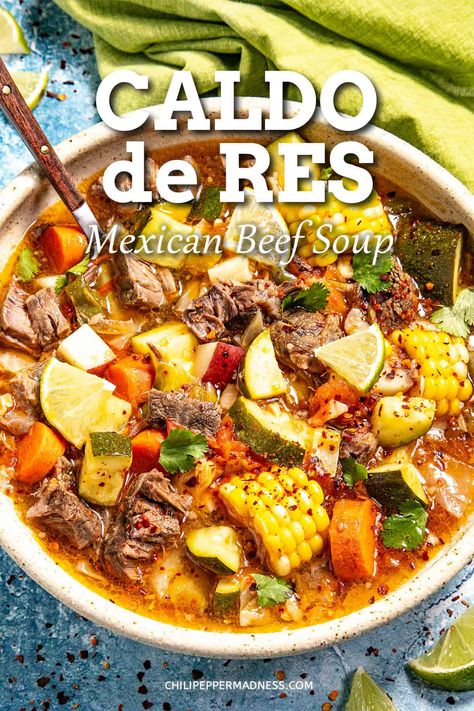 Caldo de res is a delicious Mexican beef soup that's loaded with vegetables simmered in a flavorful broth, always hearty and satisfying, easy to make! Winter Stews Comfort Foods, Mexican Style Soup, Beef Caldo Soup, Leftover Beef Soup, Hearty Beef Soup Recipes, Mexican Caldo De Rez Recipe, Yummy Mexican Recipes, Mexican Pork Soup Recipes, Caldo De Res Recipe Mexican Beef Soups