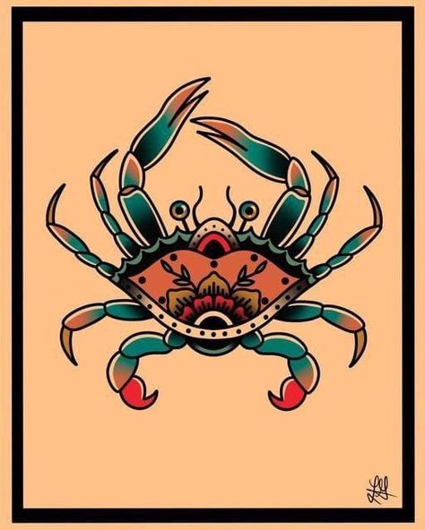 #tattoo #tattoos #inked #tattooart #tattooed #tattooideas #tattoodesign #tattooinspiration #tattoosleeve #tattooflash #inkedgirls #tattooedwomen  #InkLaughs  #TattooFails Old School Crab Tattoo, Crab Flash Tattoo, Coloured Traditional Tattoo, Neo Traditional Crab Tattoo, Crab Knee Tattoo, American Traditional Tattoo Design Flash, American Traditional Sea Creature Tattoo, Traditional Sea Creature Tattoo, Ocean Traditional Tattoo