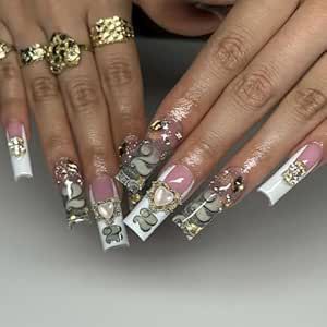 Long Press on Nails with Charms White French Tip Fake Nails Square Glue on Nails with Heart Dollar Charms Rhinestone Designs Pink Money False Nails Acrylic Full Cover Stick on Nails for Women 24PCS Press On Nails With Charms, Heart Dollar, Nails With Charms, White French Nails, Money Nails, Fake Nails White, French Tip Press On Nails, Long Press On Nails, Bling Design